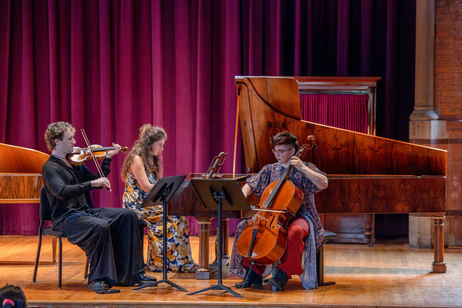 Performing a piano trio with violin and cello on period instruments
